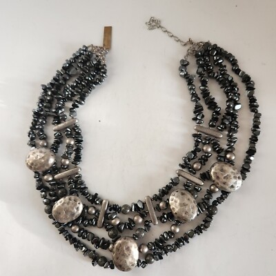 Hard to Find Maya Chunky Hemitie, Hammered Metal, and Bead Necklace