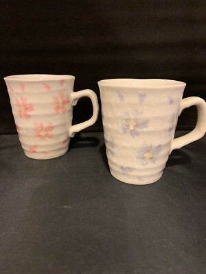 Two Beautiful ribbed mugs with watercolor flowers - inside too!