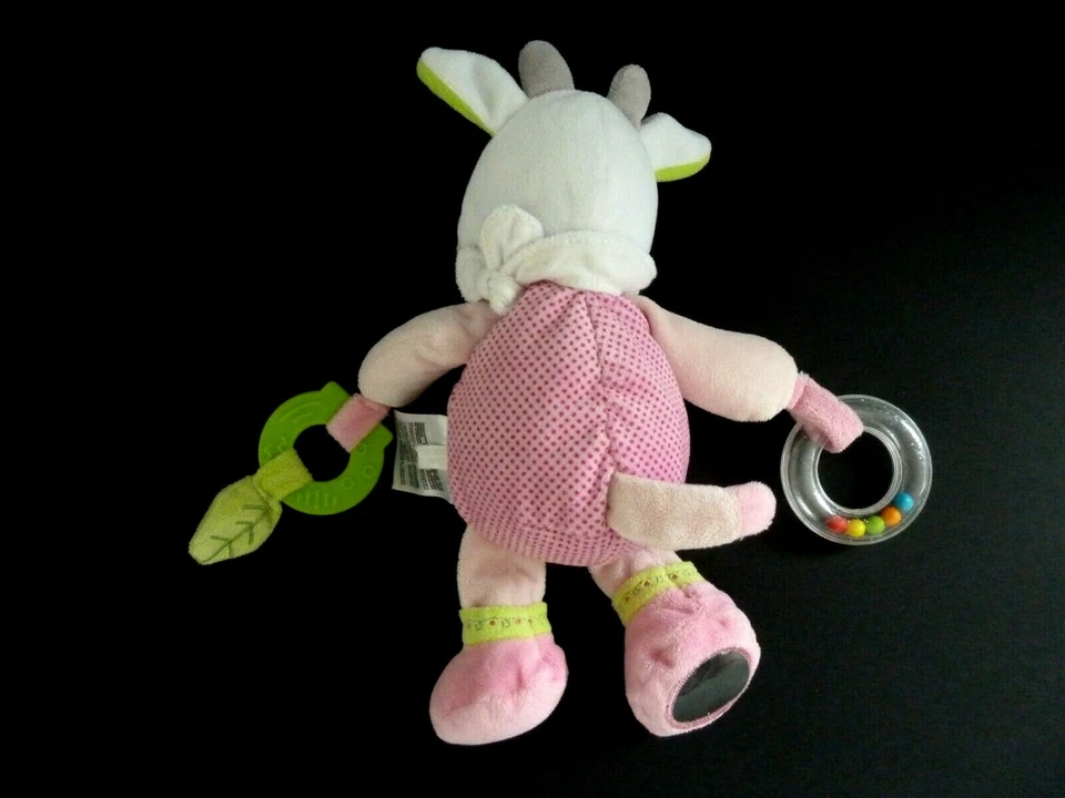 *. DOUDOU PELUCHE MOTS D'ENFANTS VACHE ROSE VERT BLANC ANNEAU BILLES NEUF* - Photo 3/3