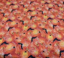 Halloween Cotton Fabric Orange Pumpkins Bats Spider Webs 1 Yard Length x 44" NEW