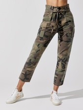 Marissa Webb Bryn Paper Bag Belted Green Camo Print Cargo Pants, Size 6