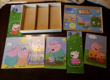 Peppa Pig 5 Wood Puzzles In Wooden Storage Box - preowned