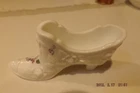 VTG Fenton White Milk Glass Shoe Cabbage Rose Slipper w/lavender flowers/signed