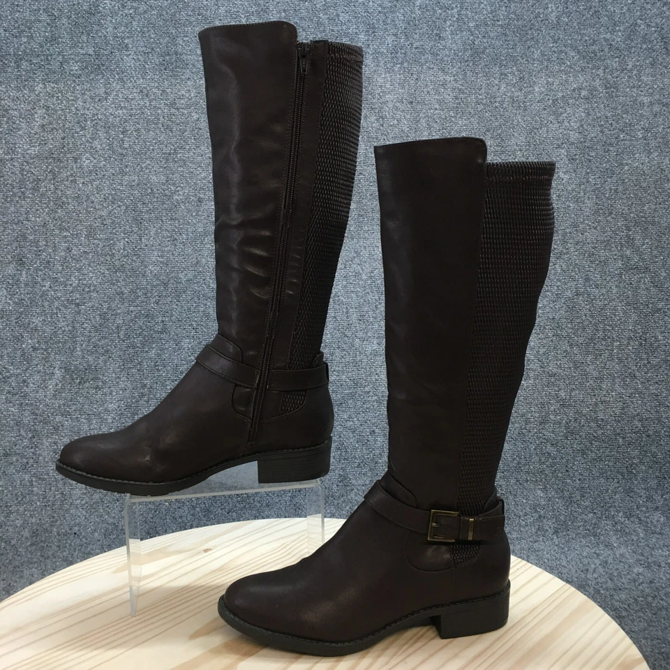 Style & Co Boots Womens 7.5 M Lucia Tall Riding Brown Faux Leather Block Zip - Image 2 of 4