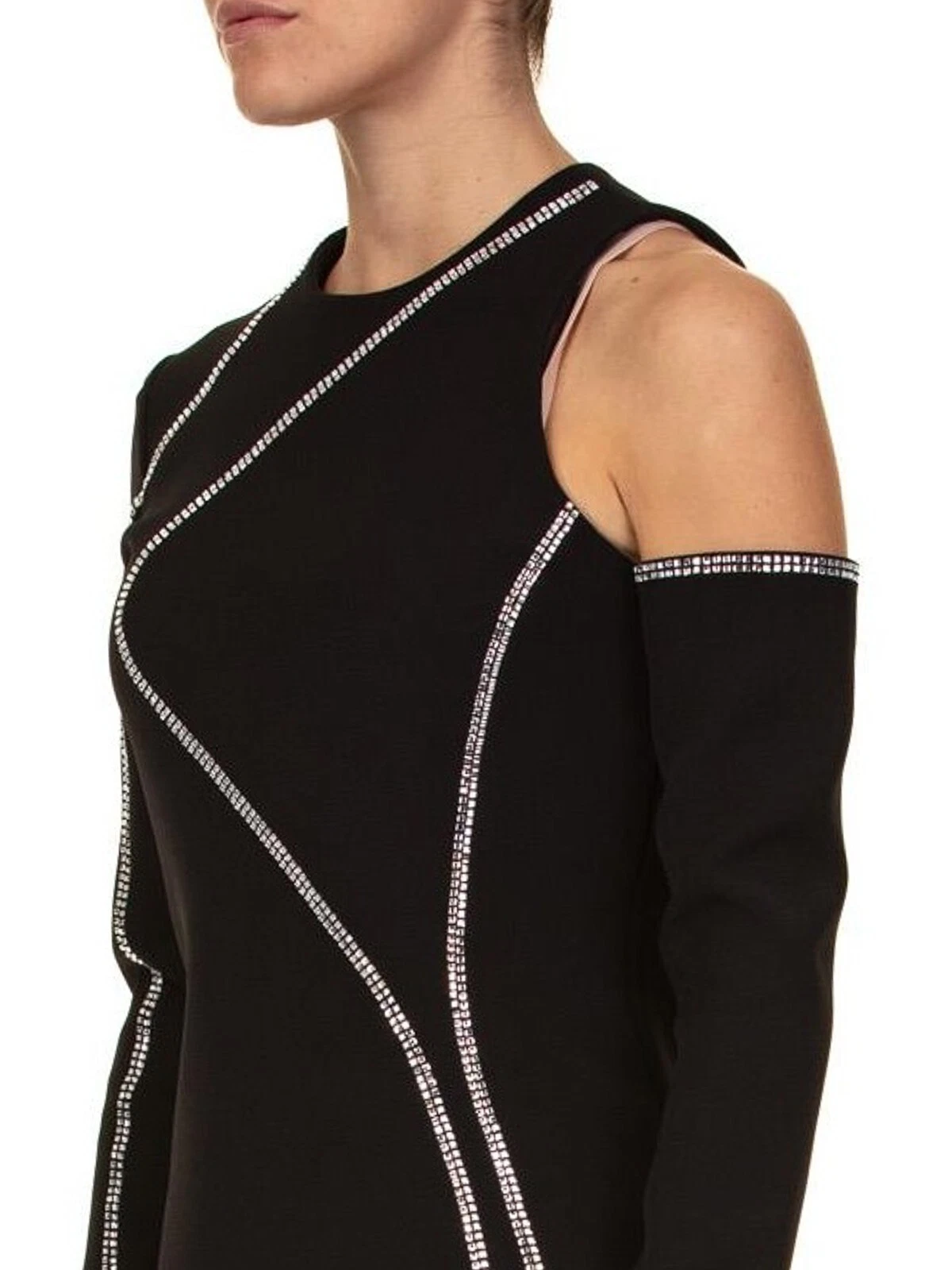 Abito nero con strass asimmetrici Versace collezione 44IT 8U.S MSRP $1100 nuovo con etichette