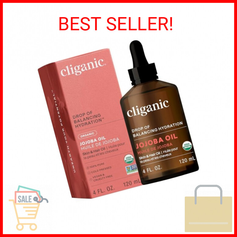 Cliganic Organic Jojoba Oil, 100% Pure (4oz) | Moisturizing Oil for Face, Hair,