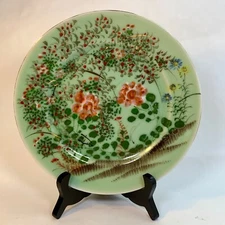 Antique Meiji Japanese Sete Celadon Porcelain Plate Hand Painted Enamel