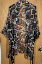 Vtg Victorias Secret Gold Label Robe Women's OS Floral Satin Belted Kimono Sheer