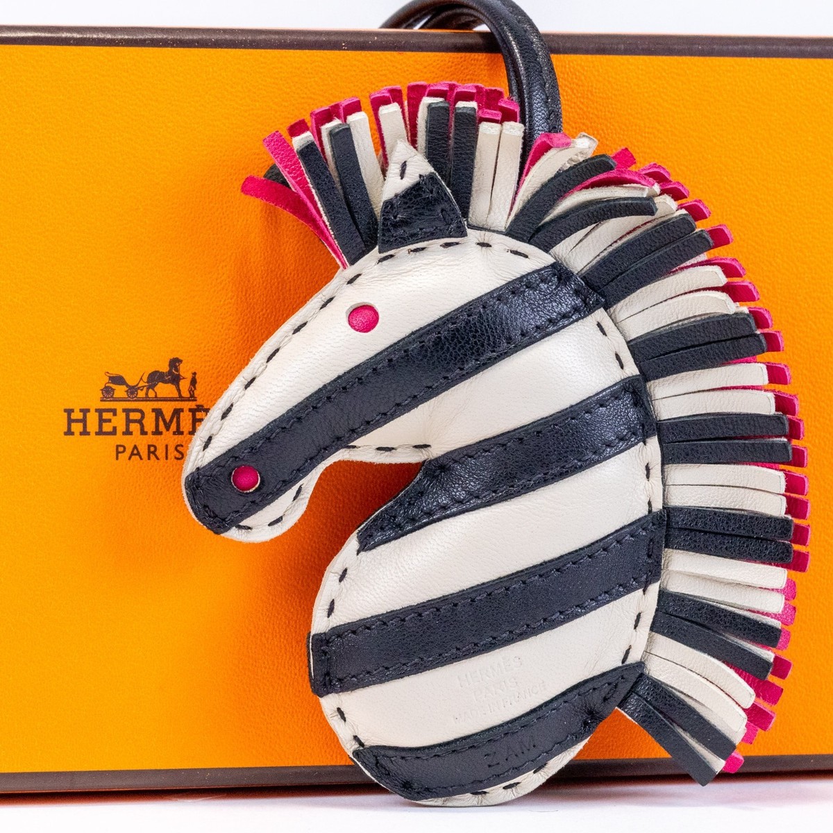 HERMES GeeGee Savannah Zebra Bag Charm Black White Milo Lambskin