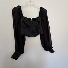 Haute Monde Black Faux Leather Corset Top Sheer Balloon Sleeve Bustier S