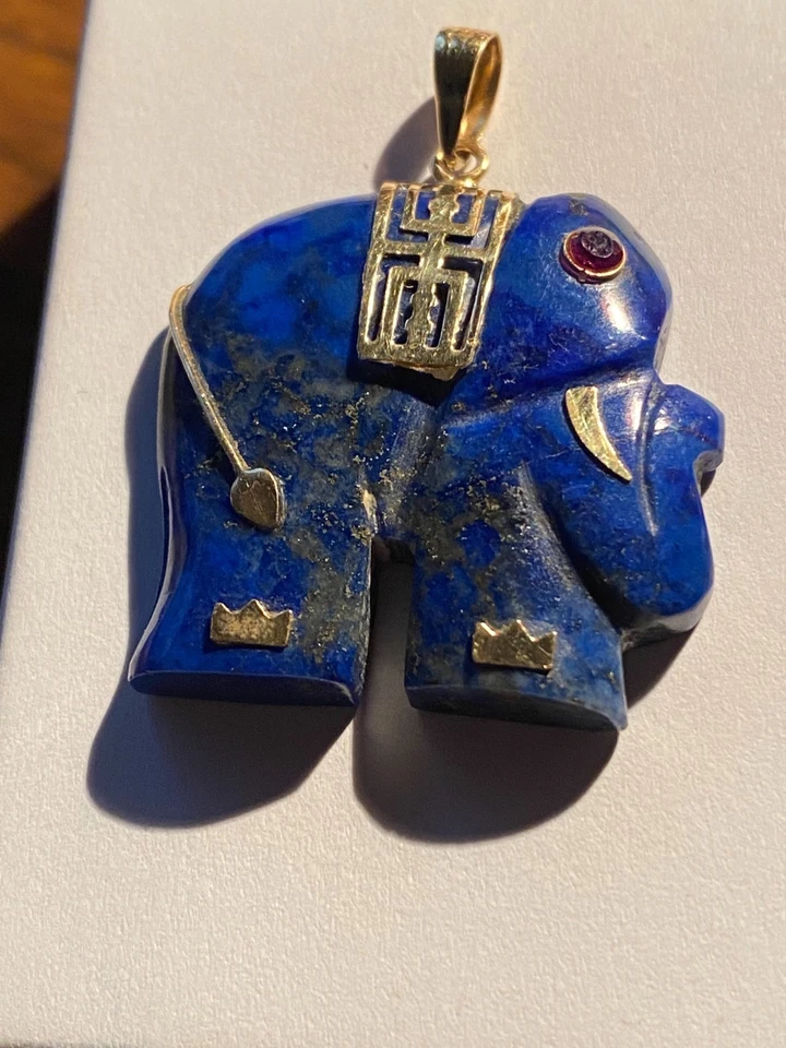 Colgante Elefante De Colección Lapislázuli Natural Oro 14K Ojo Rubí Buena Suerte Foto 4 de 4