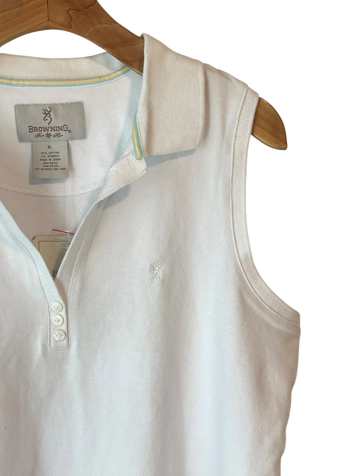 Blusa regata feminina Browning sem mangas XL branca gola V com colarinho de botão nova com etiquetas - Imagem 3 de 4