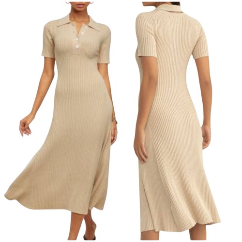 Samsoe Samsoe NWT Lucy Ribbed Midi Polo Dress Beige Size XXS Short Sleeve