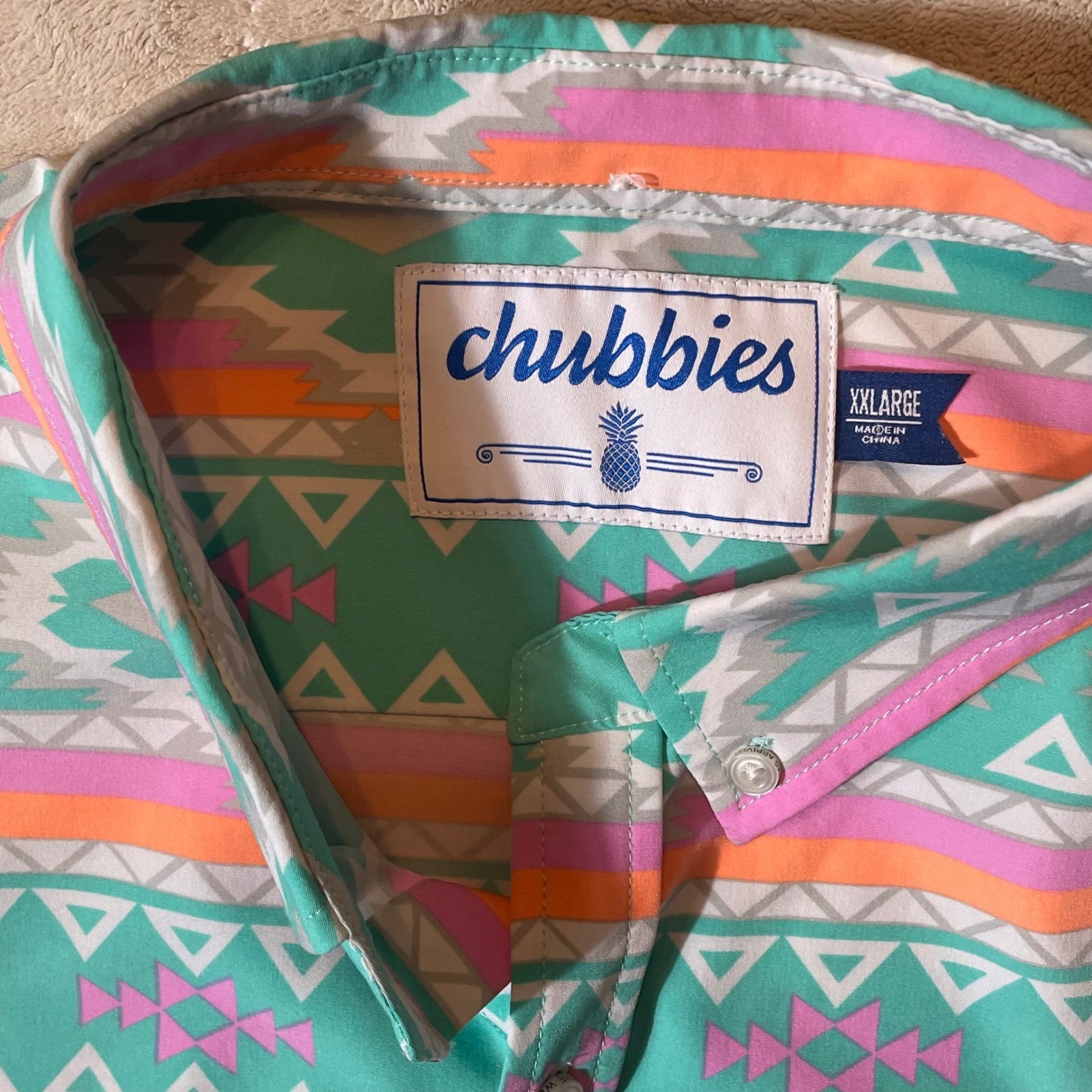Chubbies Mens Short Sleeve Button Down Shirt Turquoise Aztec Print XXL