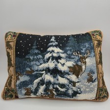 CHRISTMAS WINTER TAPESTRY THROW PILLOW Snowy Deer Forest Gold Thread Border
