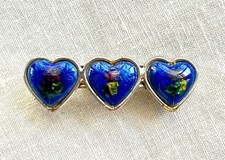 Vintage Blue Heart Hair Barrette Triple Heart Glass Cabochon French Clip 90s Y2K