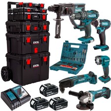 Makita 18V 6 Piece Tool Kit 3 x 5.0Ah Battery & 100Pcs Bit Set & Trolley Toolbox