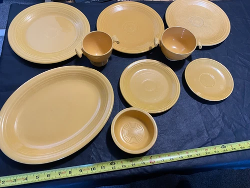 lot vintage yellow fiesta ware bowl plate dinner salad serving saucer 9 pieces