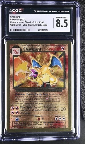 🔥🔥 CGC 8.5 NM/MINT+ Gold Metal Charizard 4/102 Pokemon Celebrations Classic