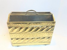 Vintage Magazine Rack Hammered Brass Wood Newspaper Record Organizer 14 x 6 x 12