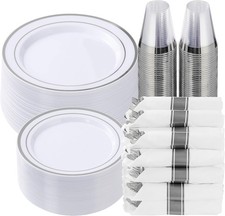 350 Piece Silver Plastic Dinnerware Set for 50 Guests, Fancy Disposable Plates f