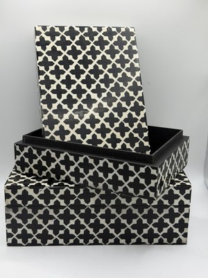 IMAX Lizzie Bone Inlay Box Set 2 Black White Moroccan Decor India