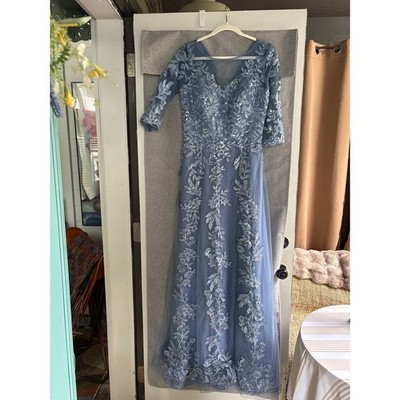 Dusty Blue Lace Sequin Formal Evening Gown 3/4 Sleeve Mother of the Bride Dress