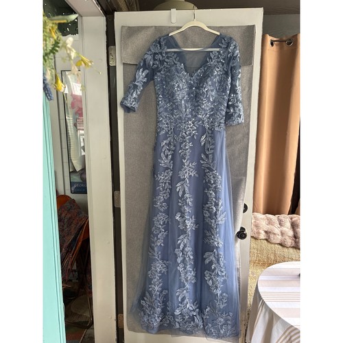 Dusty Blue Lace Sequin Formal Evening Gown 3/4 Sleeve Mother of the Bride Dress