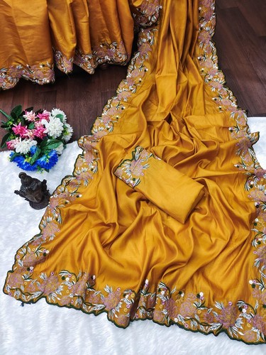 Indian Designer Pure Soft Tussar Silk Saree With Blouse For Wedding & Function - Picture 14 of 23
