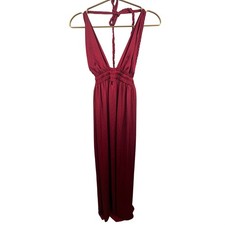 LoveShackFancy Wine Red Braided Halter Boho Open Back Smocked Maxi Dress Small?