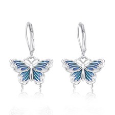 Butterfly Dangle Earrings, 925 Sterling Silver Small Enamel Dripping Oil Leve...