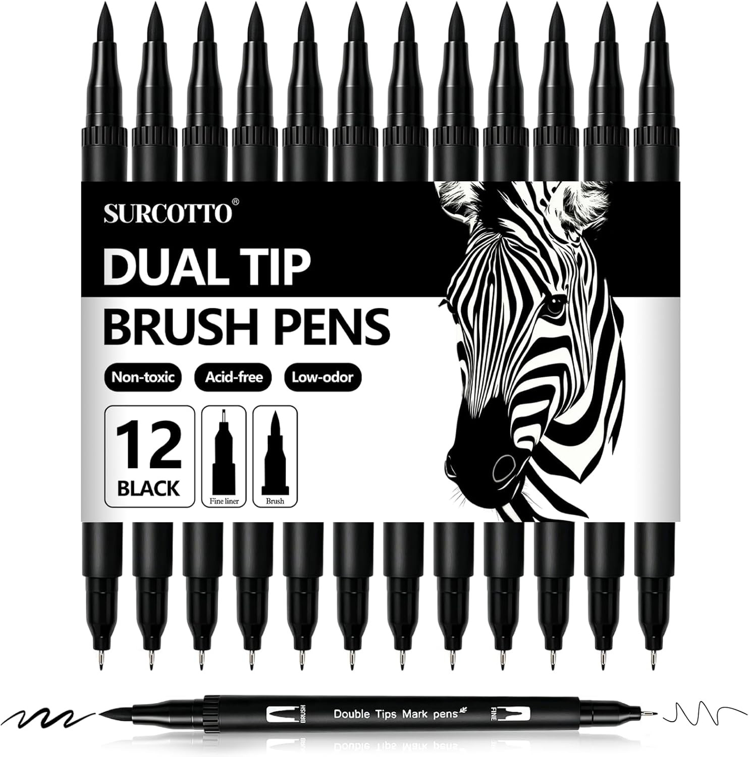 Black Felt Tip Pens,12 Pack Black Markers Colouring Pens,Dual Tip Brush Pen, Wat