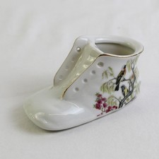 Vintage White Porcelain Baby Bootie Shoe with Painted Birds  Gold Trim