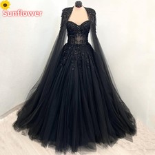 Exquisite Black Gothic Wedding Dresses Lace Sequins Beaded with Cape Bridal Gown