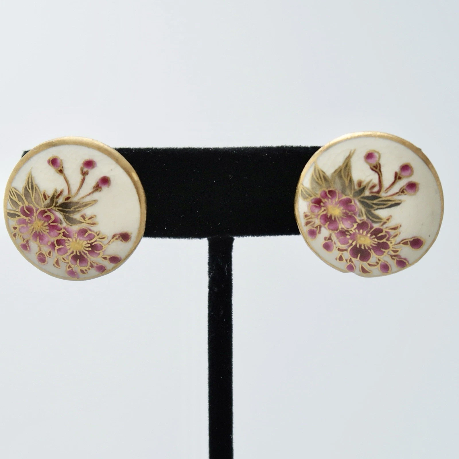Japanese Satsuma Porcelain Pink Floral Scene Vintage Earring Jewelry E92