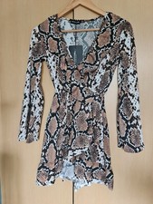 PrettyLittleThing size 8 snakeskin print wrap mini dress party ruffle hem v-neck