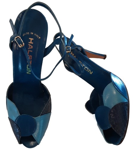 HALSTON VTG 70s Made Italy Shades Of Blue Leather Peeptoe Strappy Heels Sz 7 Wow - Picture 13 of 16
