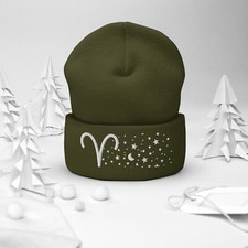 Aries Ram in the Stars Knit Beanie - Cozy Knit Hat  White Thread  Olive Green