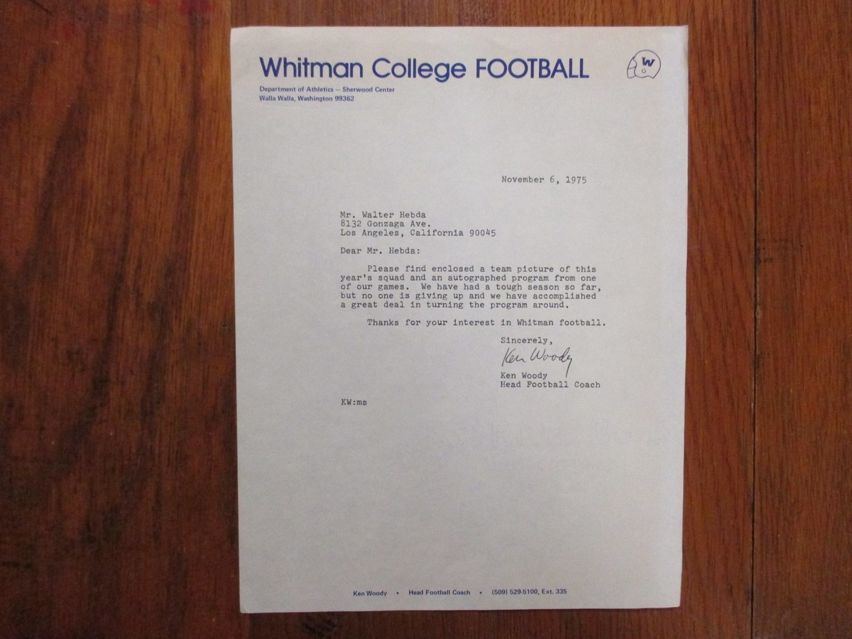 KEN WOODY Signed 1975 Personal Letter-Whitman College Head