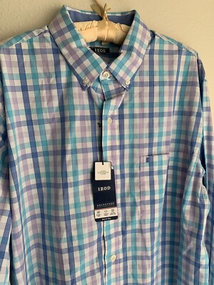 NWT XLT Izod Blue Purple Plaid Check Button Shirt Preppy Spring Big XL Tall