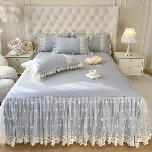 4 Pieces Bedding Set Luxury Lace Embroidered Duvet Cover Bed Skirt 2 Pillowcases - Picture 8 of 26
