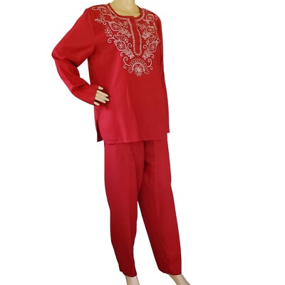 Susan Graver 2 Pc Pantsuit Women's L Red Embroidered Tunic Elastic Pants Pockets