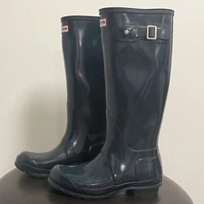 Hunter Original Tall Gloss Rubber Boots Womens 6 Blue Green Dark Teal *No Box*
