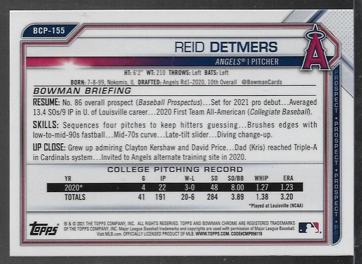 2021 Bowman Chrome SAPPHIRE #BCP-155 Reid Detmers - ANGELS - Free Ship! - Image 2 of 2