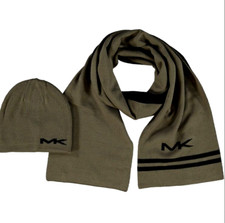 Michael Kors REVERSIBLE Beanie Hat & Scarf SET Knitted Olive Green Warm BOX GIFT