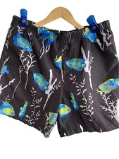Nautica Competitive Swim Shorts Men Sz L Black w/Angel Fish Print 18" L Ins 6"