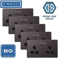 5x BG Screwless Double Socket Black Nickel Black Inserts FBN22B 13Amp Flat plate