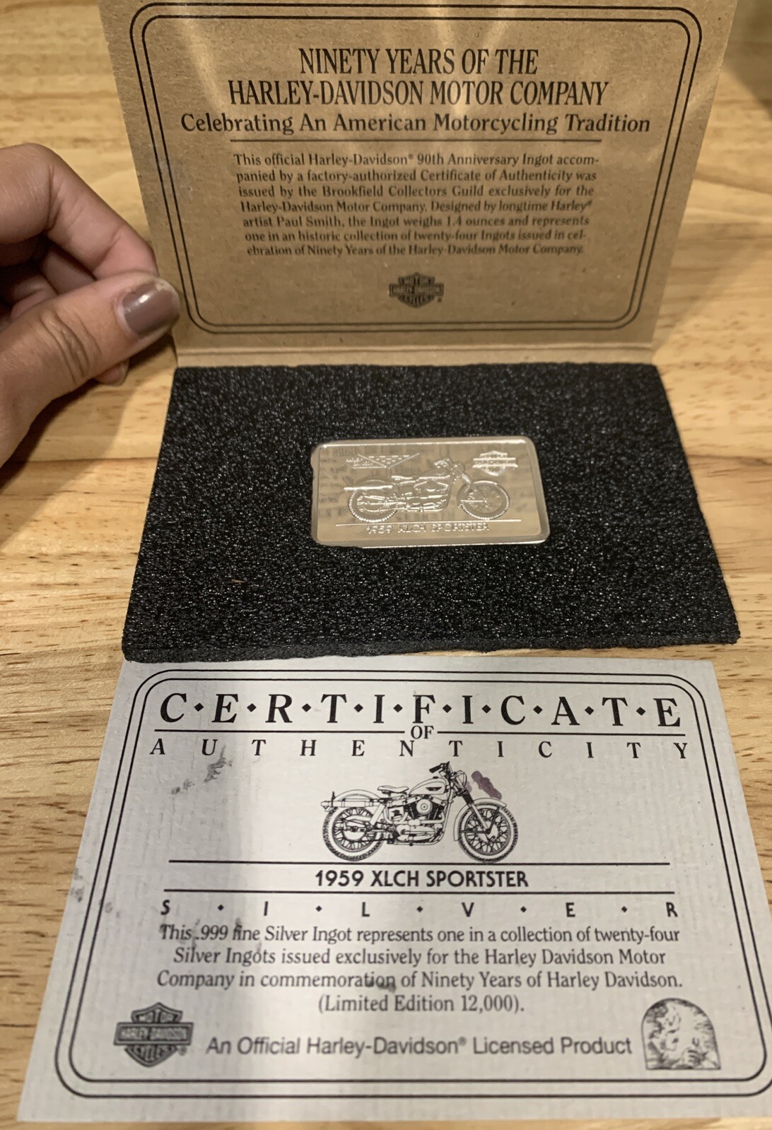 Harley Davidson 1959 XLCH Sportster 1.4 Ounces Fine Silver Bar w/CoA