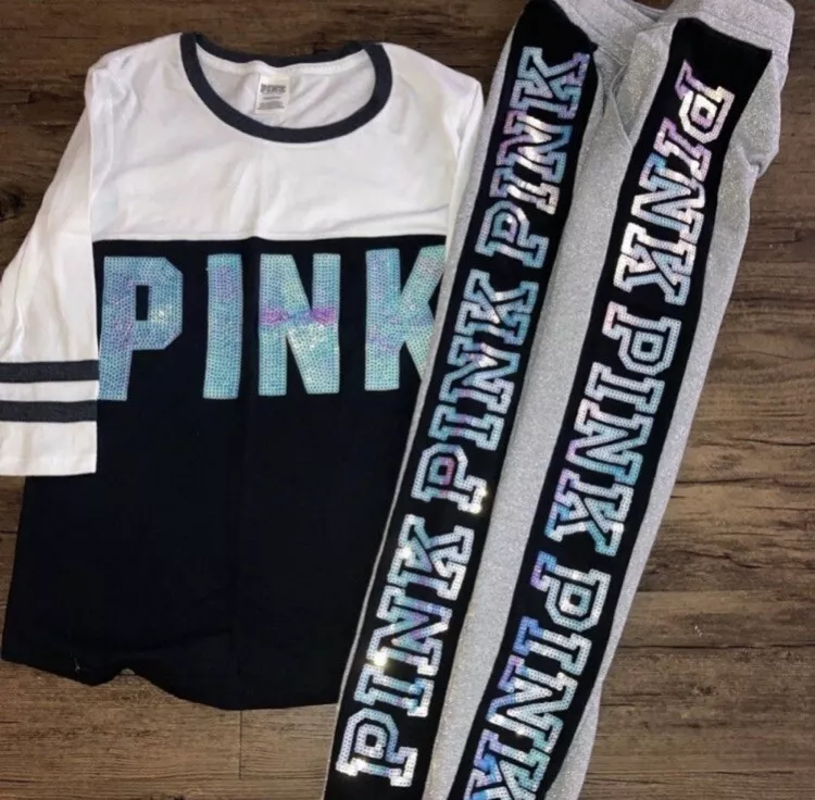 Victoria s Secret pink Mermaid Bling Tshirt Shimmer Joggers Outfit Set S
