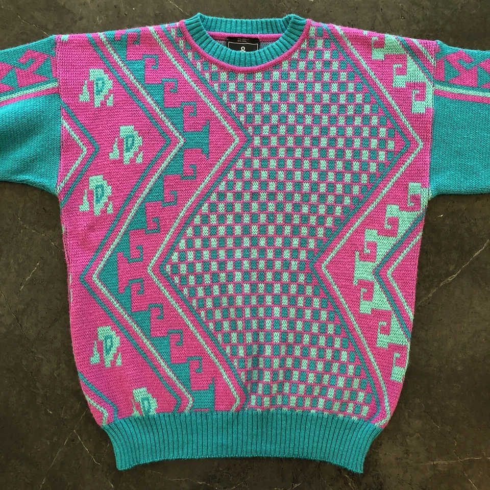 Suéter De Lana Demetre De Colección Años 90 Para Hombre Mediano Verde Rosa 3D Geométrico Bloque de Color Foto 3 de 4